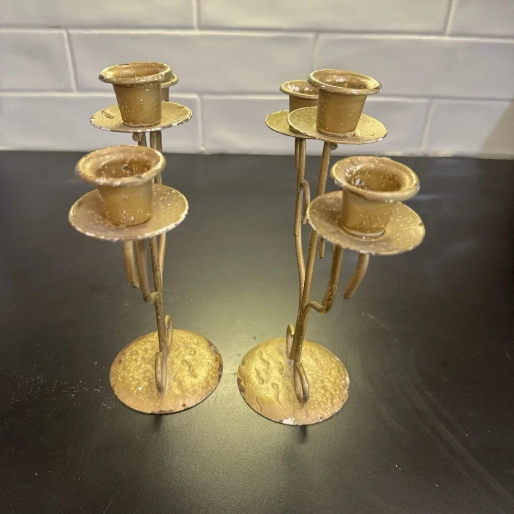 Set Of 2 Candelabra 3 Arm‎ Candle Holders Gold Tone Flake Distressed Patina